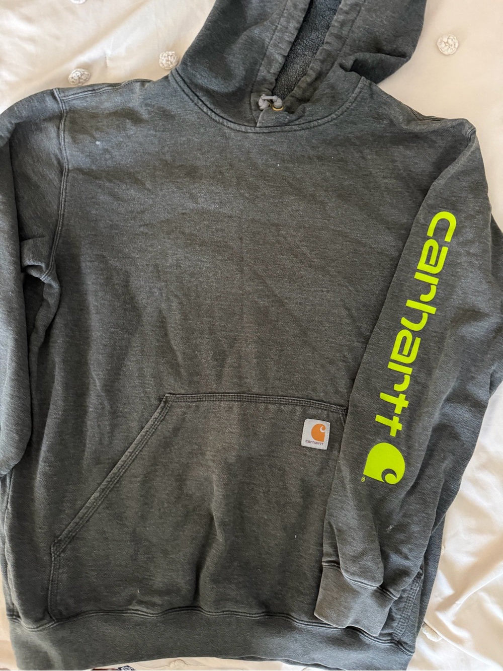 Carhartt Men’s Dark Gray Crewneck Hoodie with Neon Green Sleeve Logo